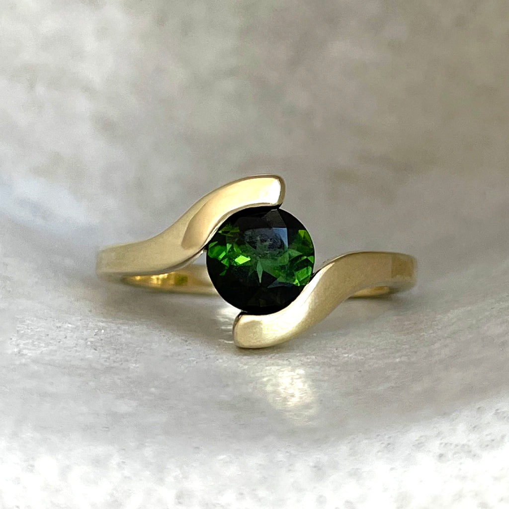 Molten Hot Round Cut Yellow Gold Green Tourmaline Ring