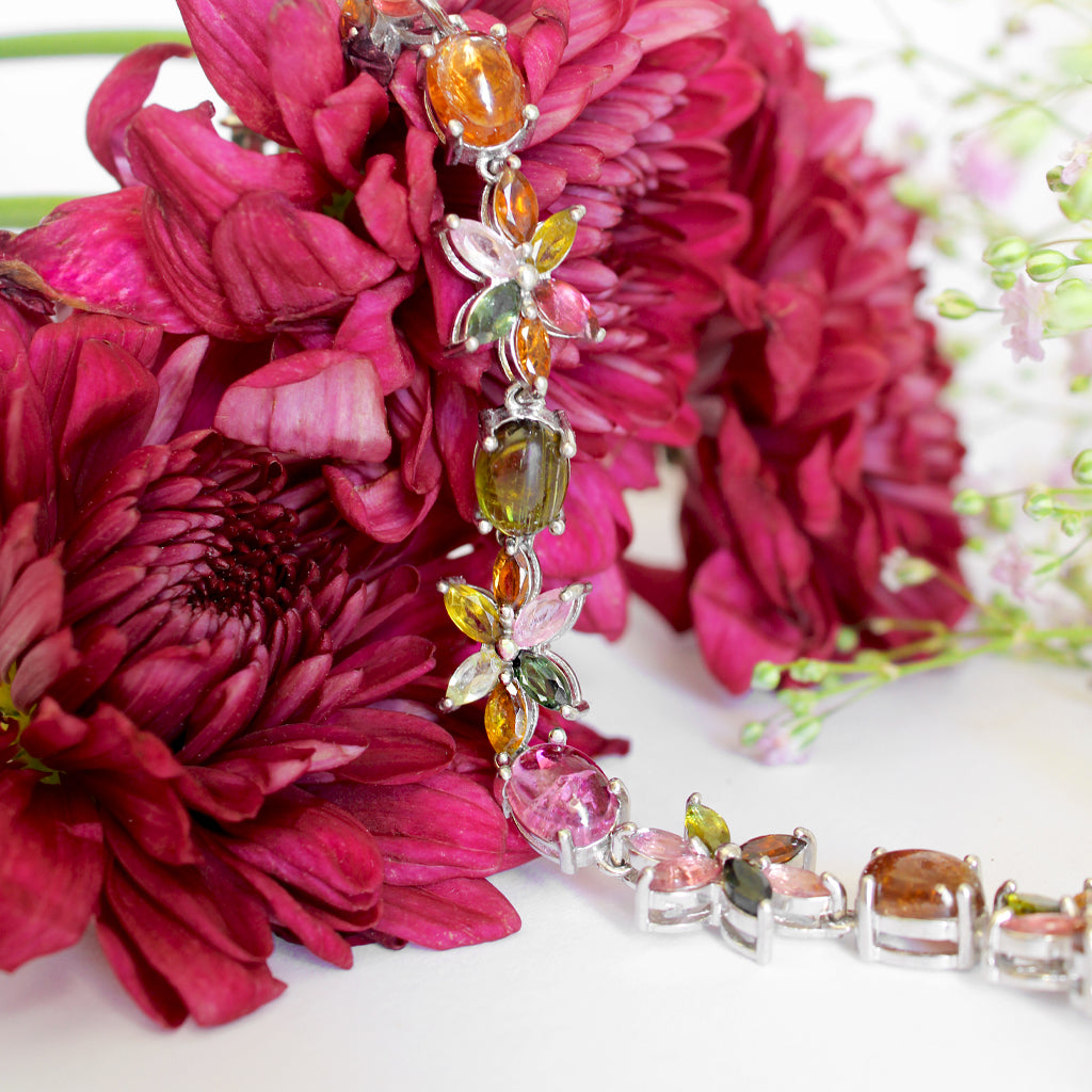 Multi-Stone Floral Inspired Tourmaline Silver Bracelet