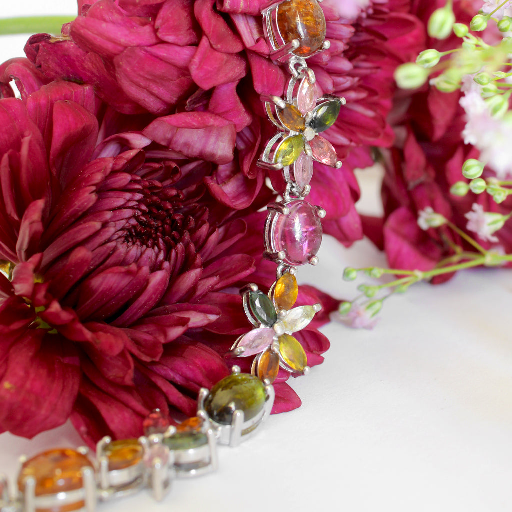 Multi-Stone Floral Inspired Tourmaline Silver Bracelet