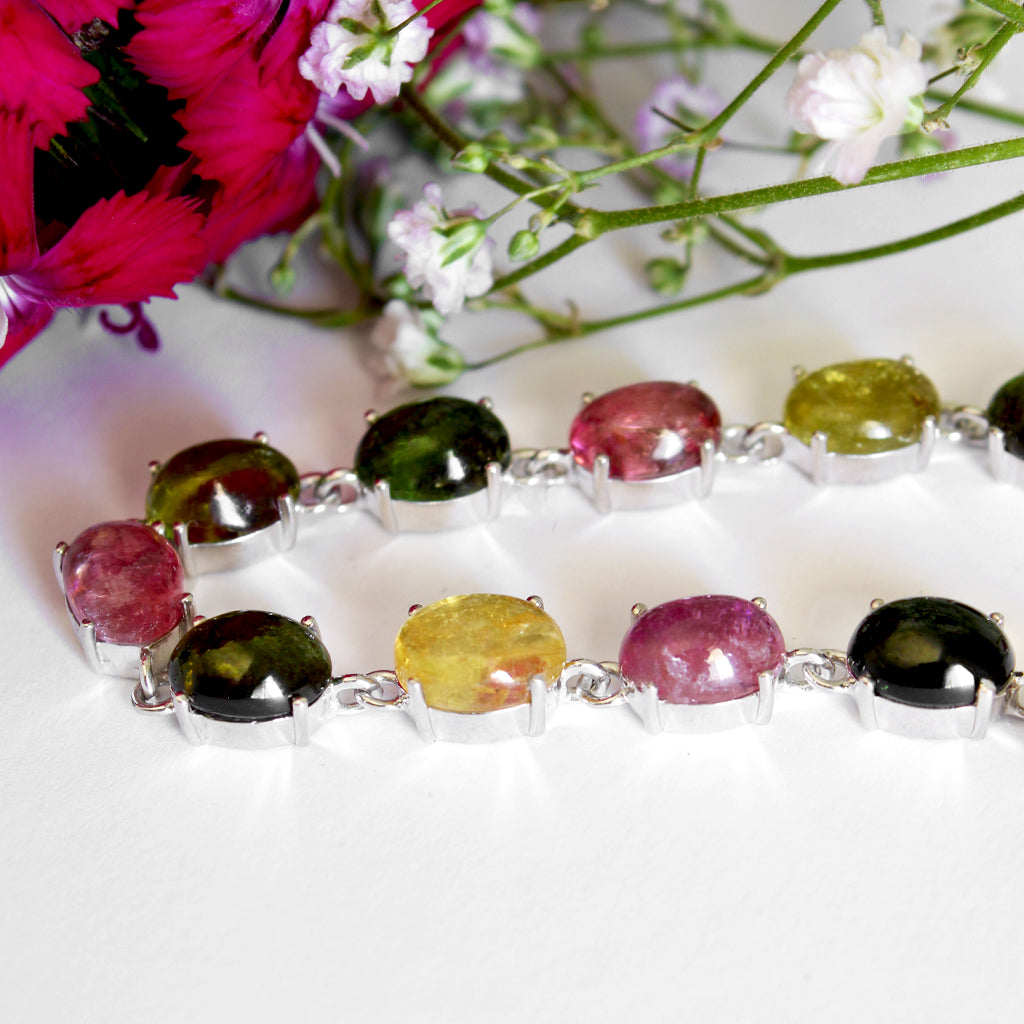 Multi-Stone Four Claw Set Tourmaline Oval Cut Silver Bracelet 2