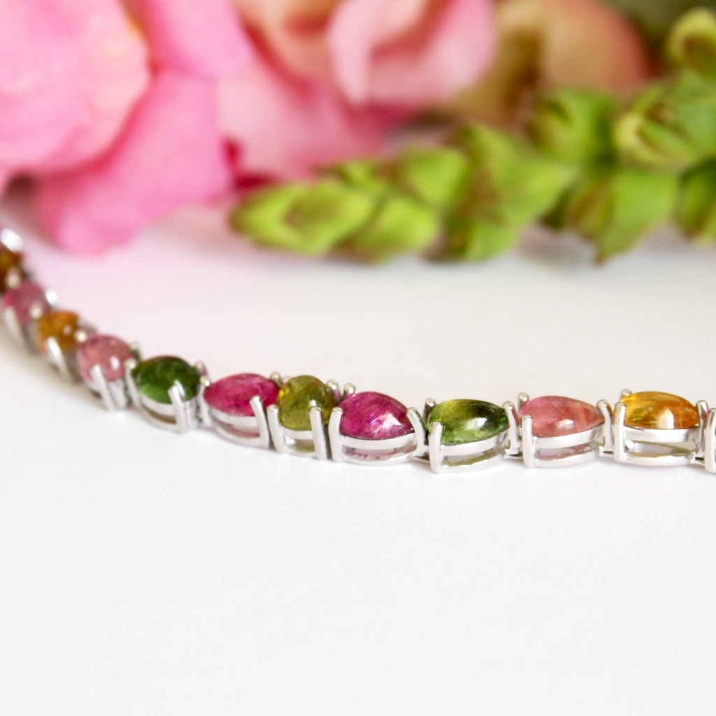 Multi-Stone Four Claw Set Tourmaline Pear Cut Silver Bracelet