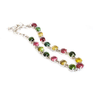 Multi-Stone Four Claw Set Tourmaline Round Cut Silver Bracelet