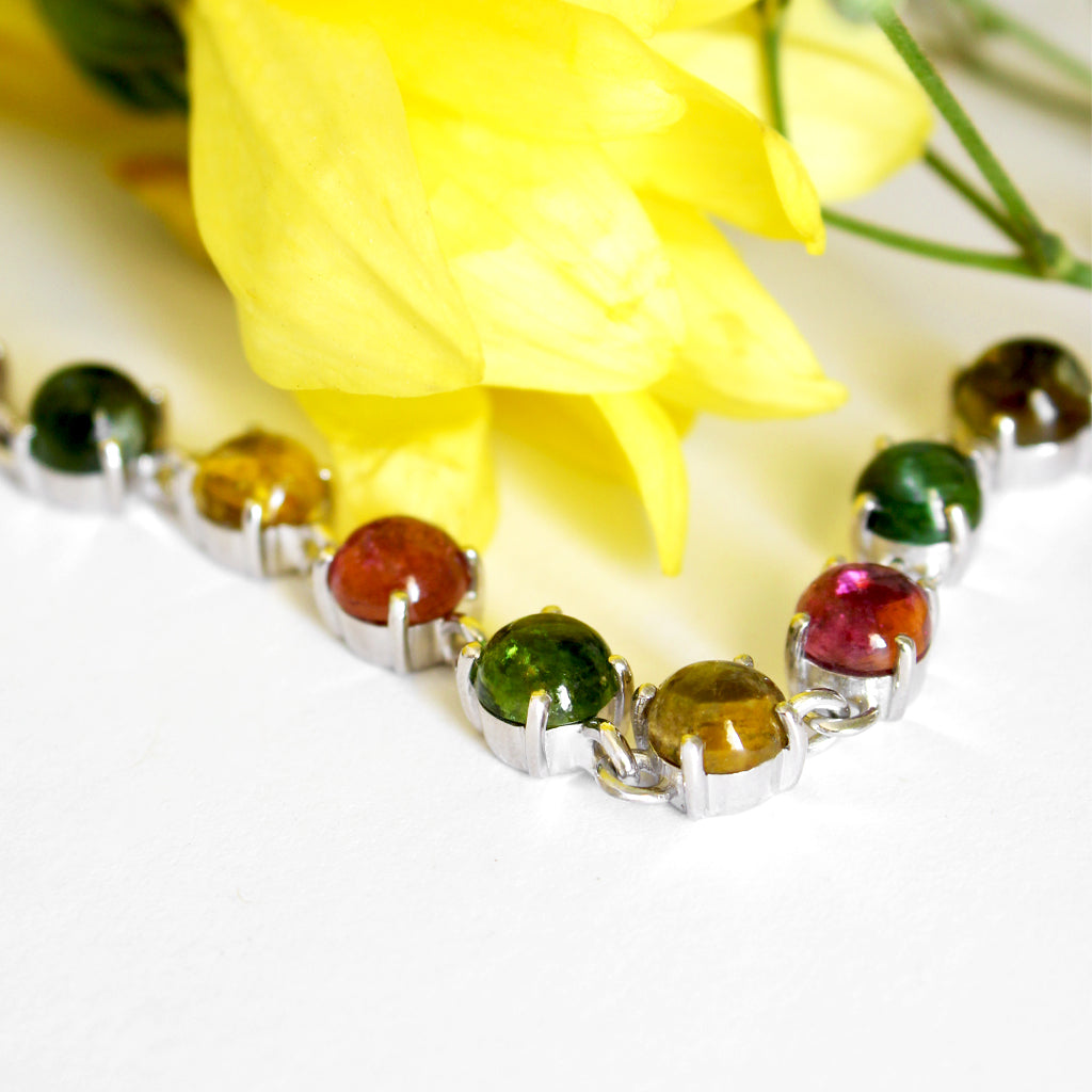 Multi-Stone Four Claw Set Tourmaline Round Cut Silver Bracelet