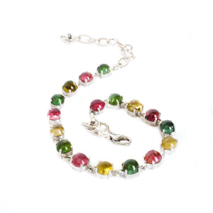 Multi-Stone Four Claw Set Tourmaline Round Cut Silver Bracelet