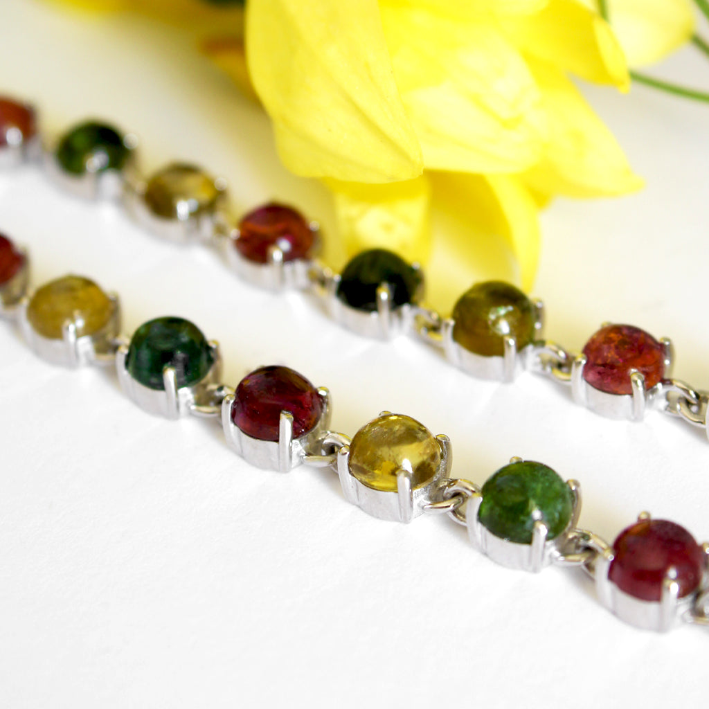 Multi-Stone Four Claw Set Tourmaline Round Cut Silver Bracelet