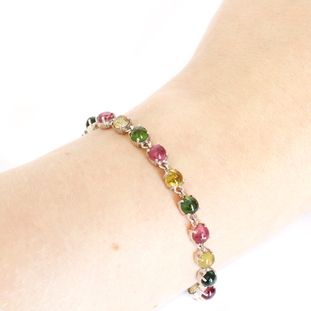 Multi-Stone Four Claw Set Tourmaline Round Cut Silver Bracelet