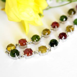 Multi-Stone Four Claw Set Tourmaline Round Cut Silver Bracelet