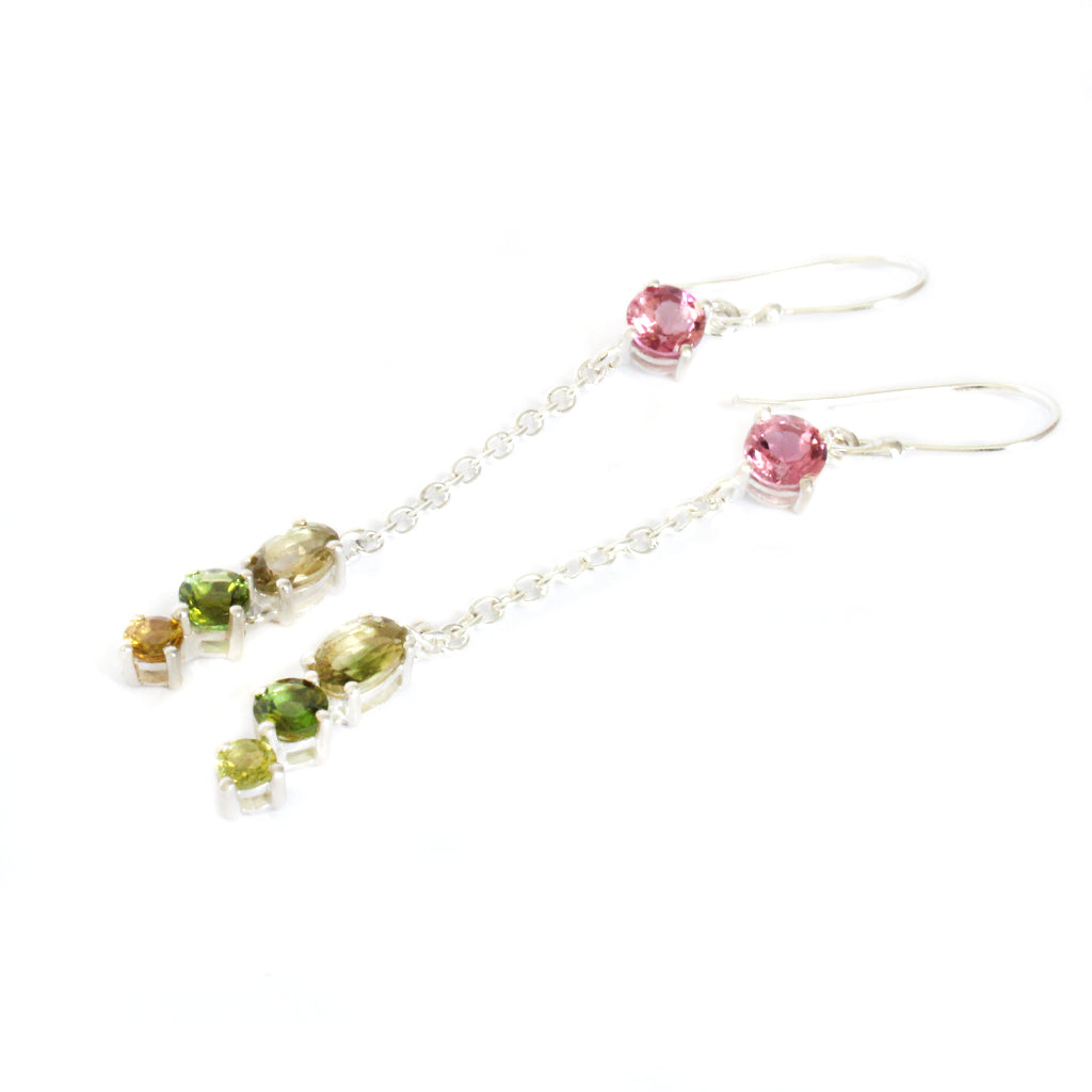 Multi-Stone Mixed Cut Tourmaline Pink Led Silver Drop Earrings