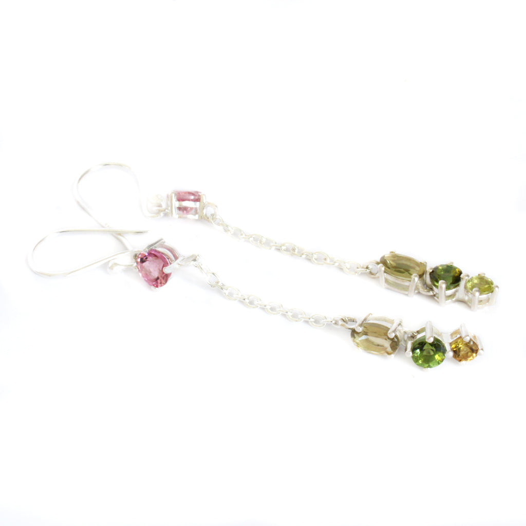 Multi-Stone Mixed Cut Tourmaline Pink Led Silver Drop Earrings