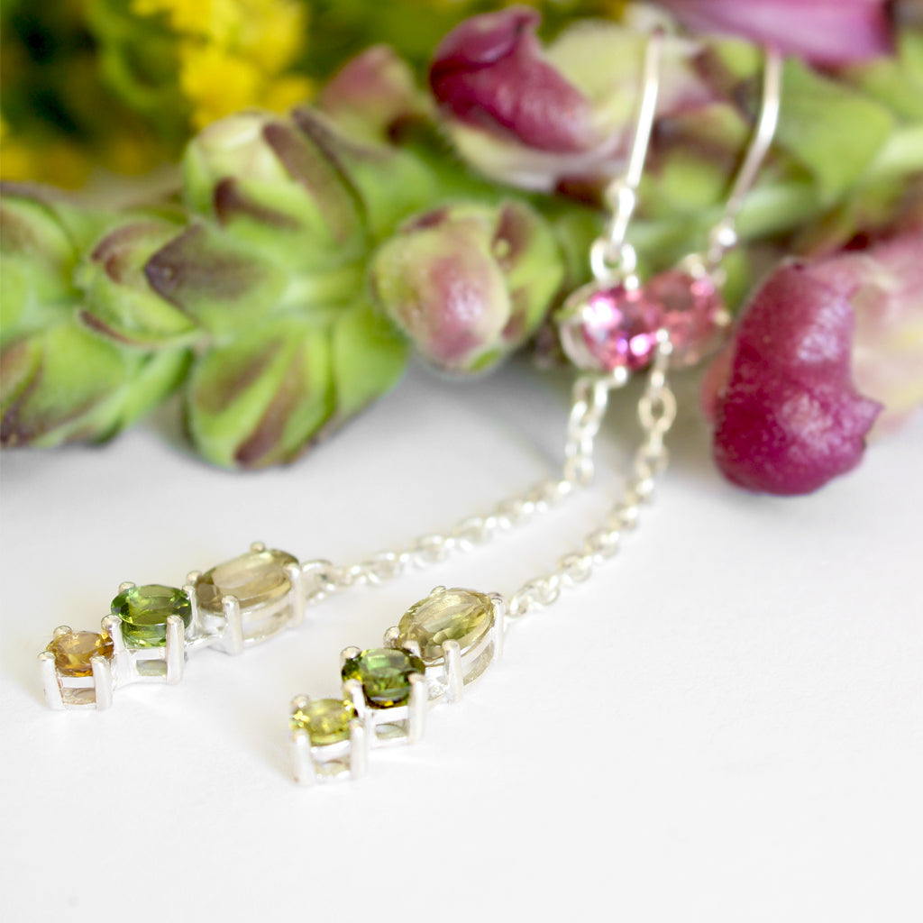 Multi-Stone Mixed Cut Tourmaline Pink Led Silver Drop Earrings