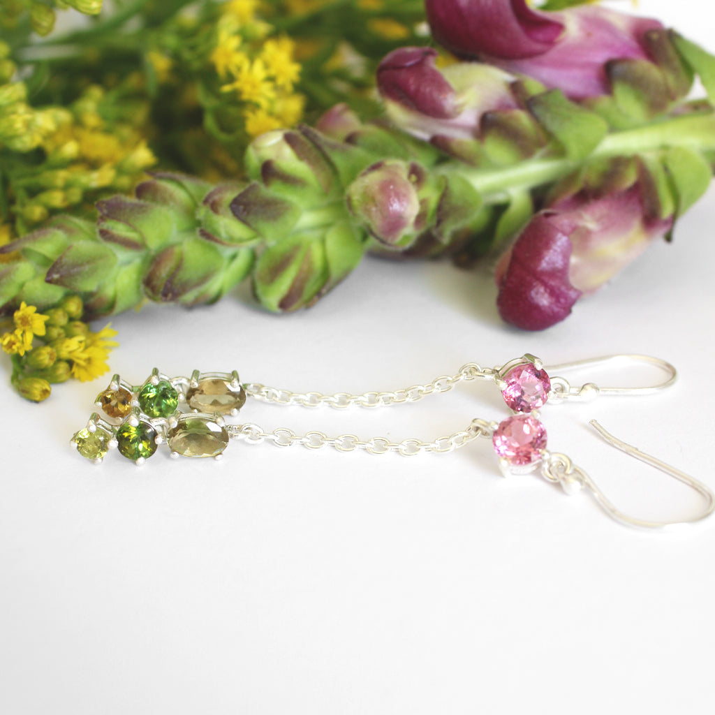 Multi-Stone Mixed Cut Tourmaline Pink Led Silver Drop Earrings