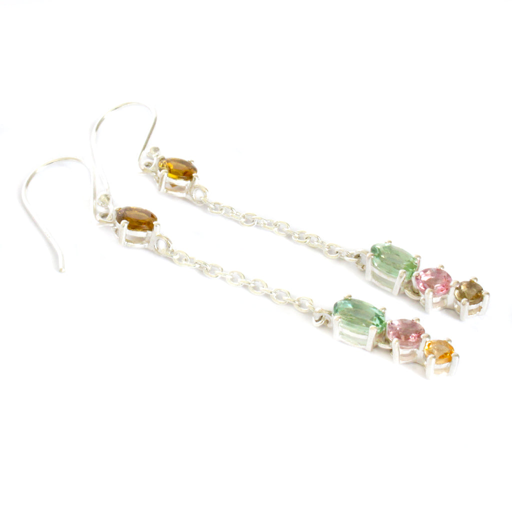 Multi-Stone Mixed Cut Tourmaline Silver Drop Earrings