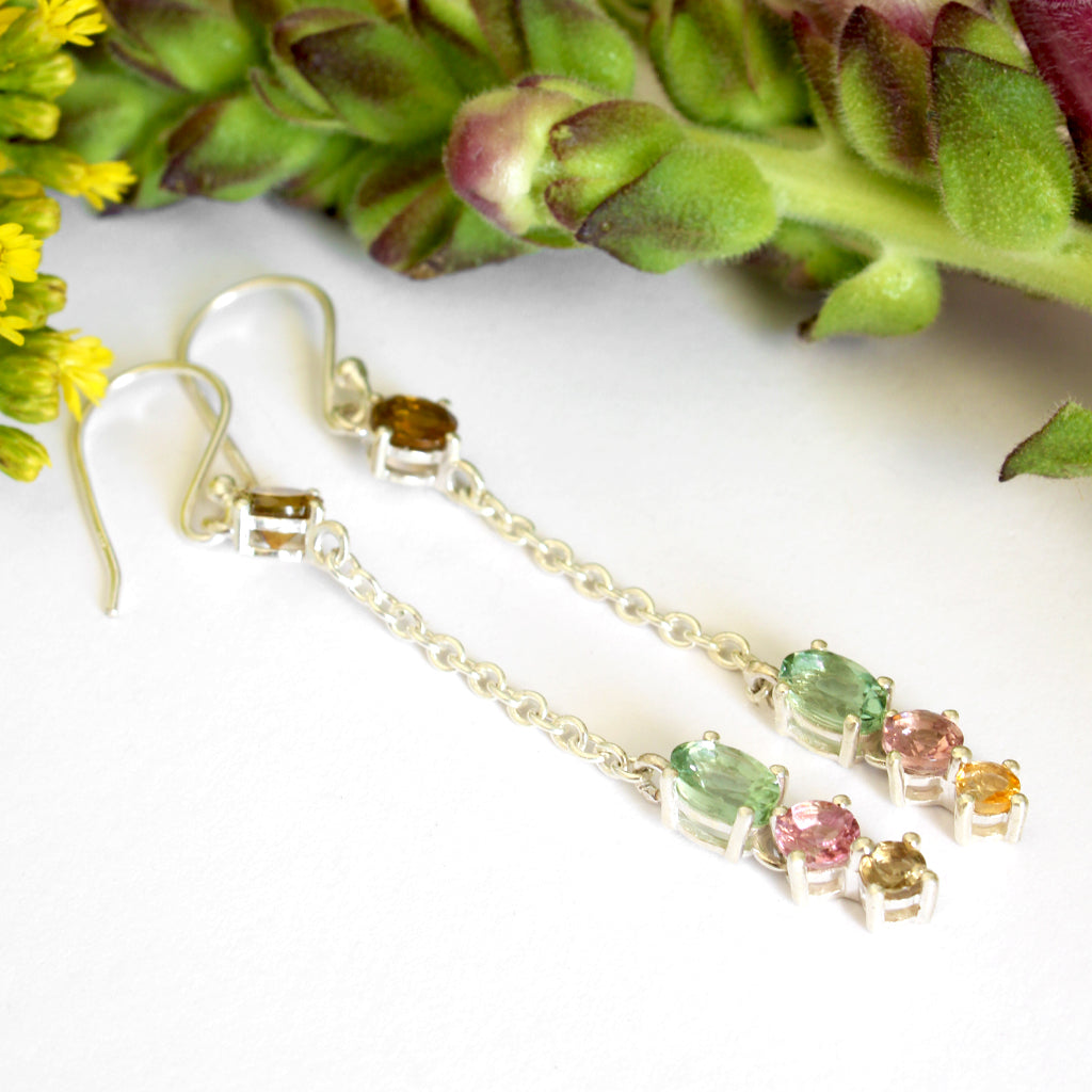 Multi-Stone Mixed Cut Tourmaline Silver Drop Earrings