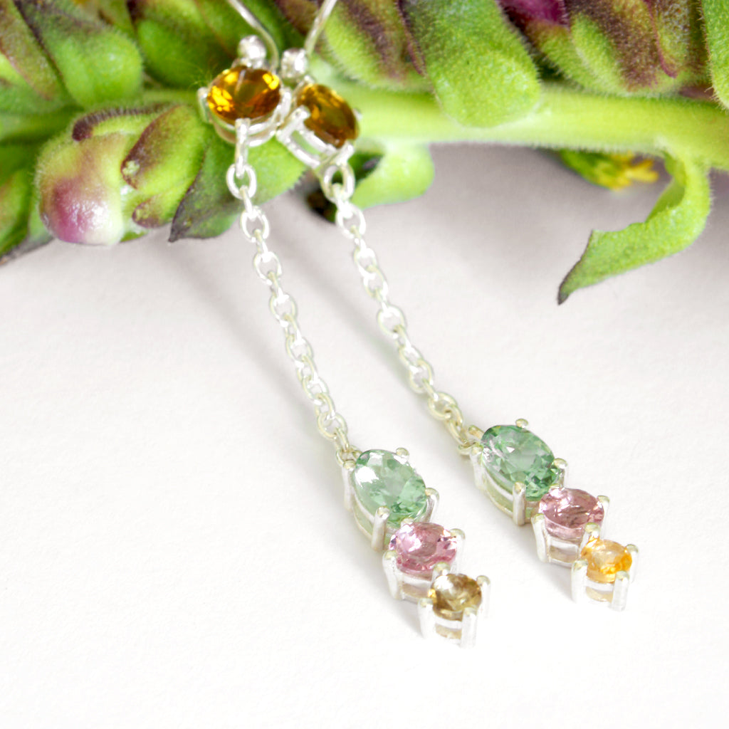 Multi-Stone Mixed Cut Tourmaline Silver Drop Earrings