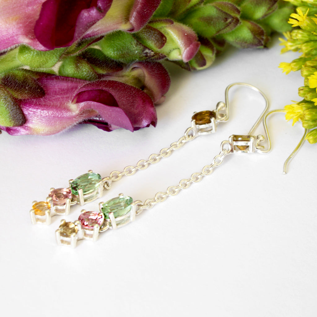 Multi-Stone Mixed Cut Tourmaline Silver Drop Earrings