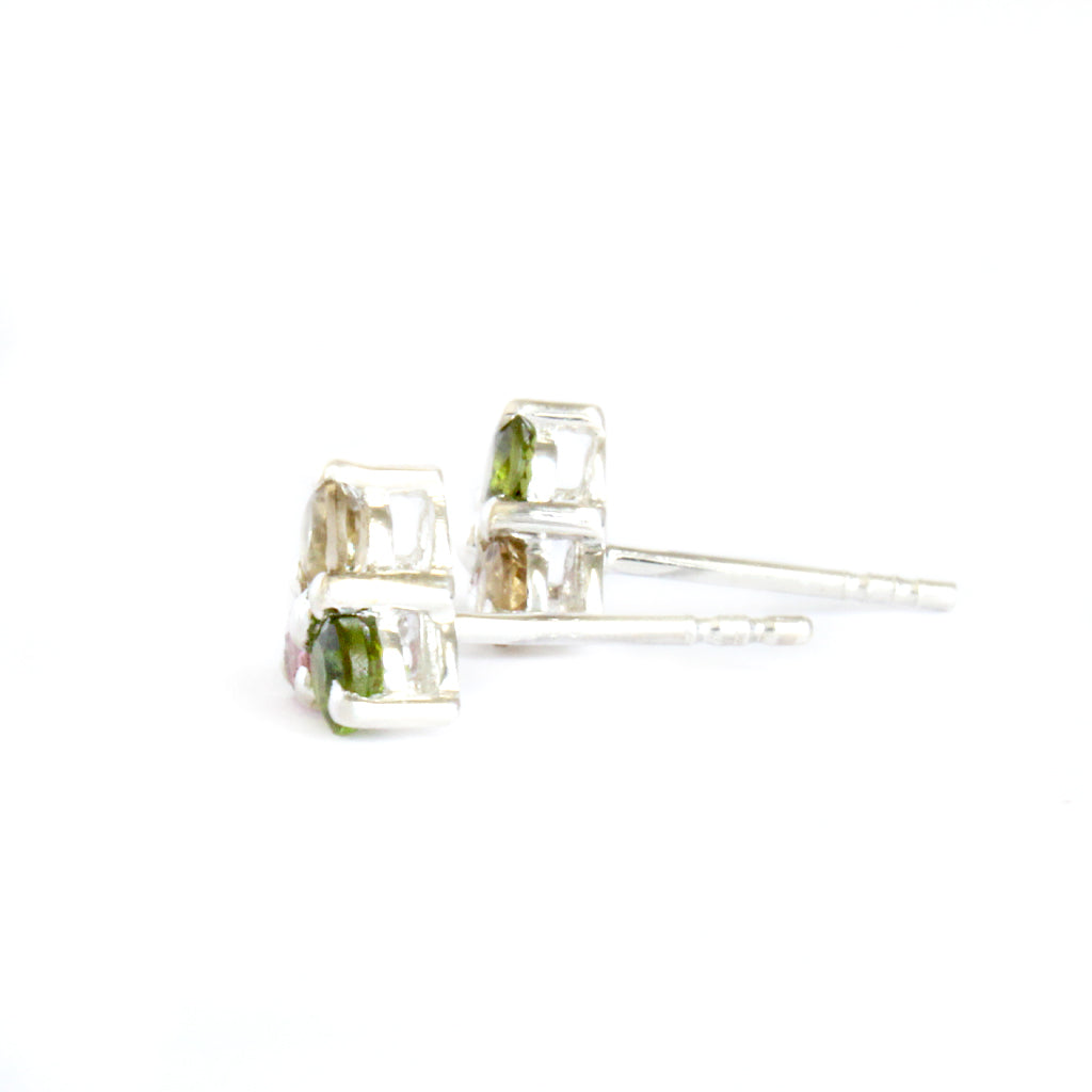 Multi-Stone Triangular Set Round Cut Tourmaline Silver Earrings