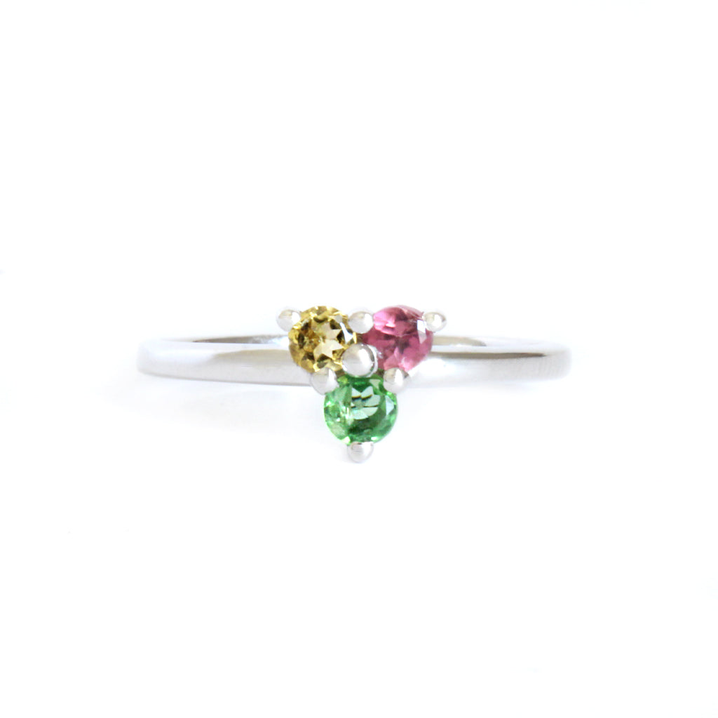 Multi-Stone Triangular Set Round Cut Tourmaline Silver Ring