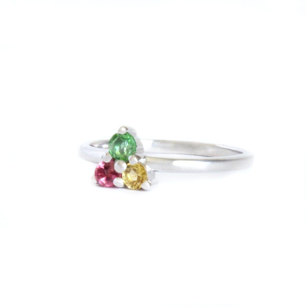 Multi-Stone Triangular Set Round Cut Tourmaline Silver Ring