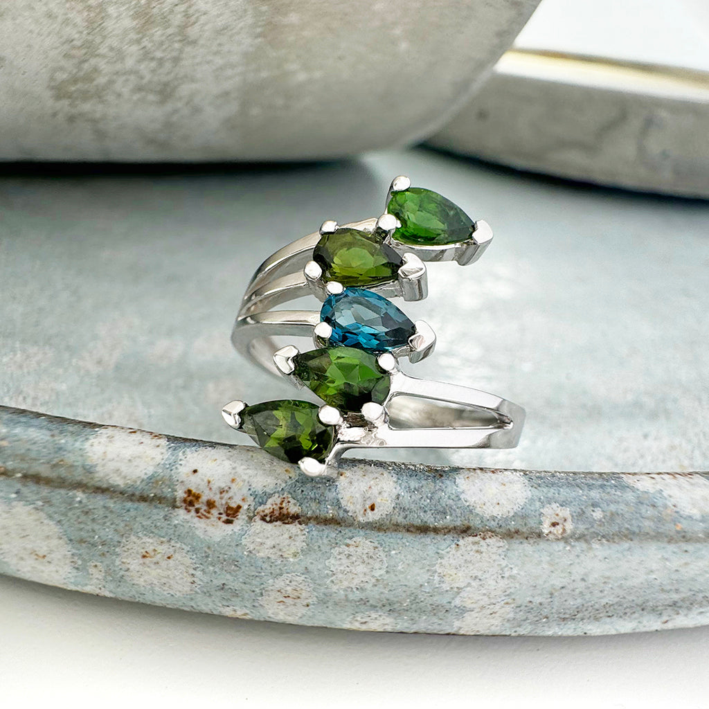 Green Tourmaline and London Blue Topaz Ring