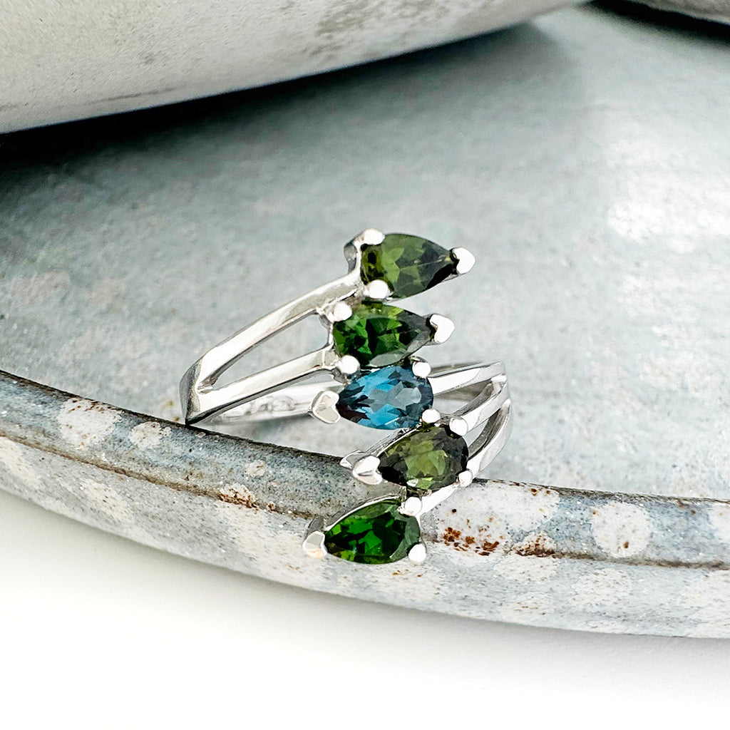 Green Tourmaline and London Blue Topaz Ring