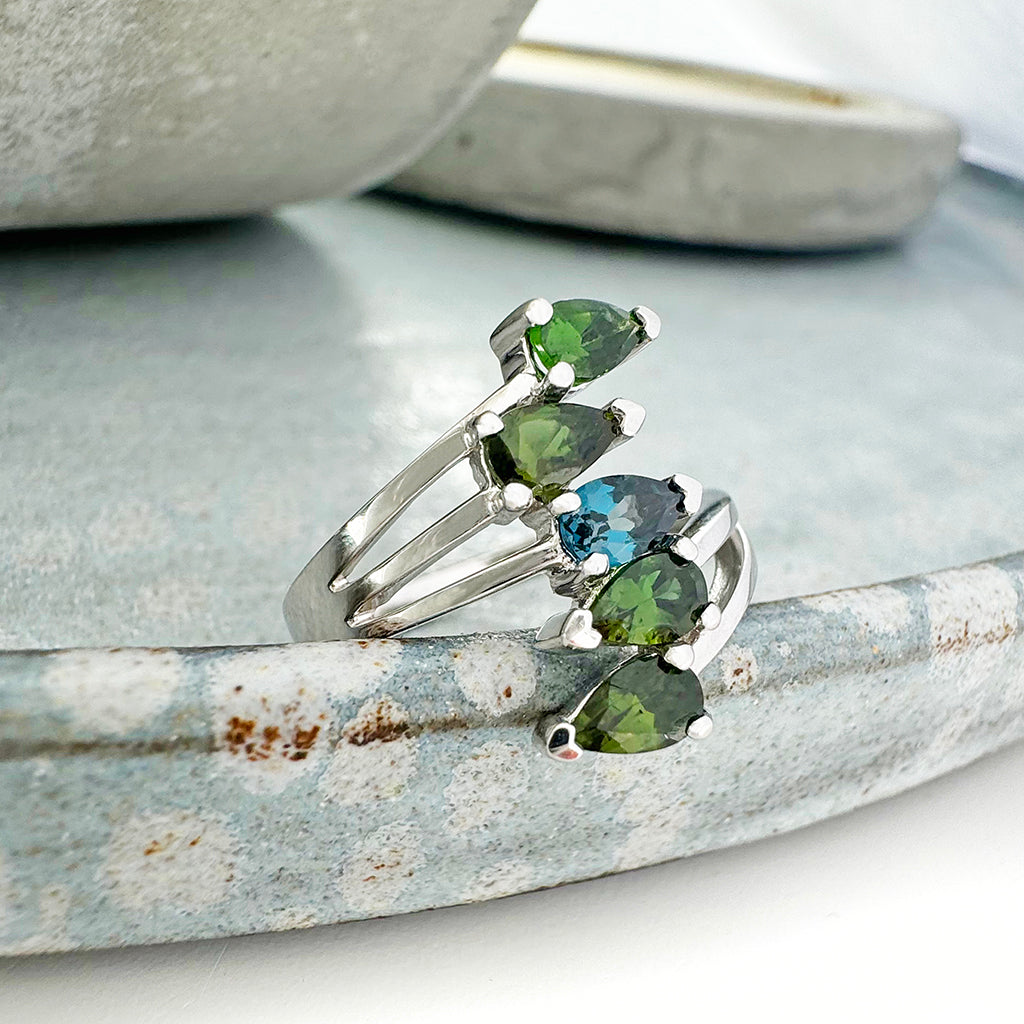 Green Tourmaline and London Blue Topaz Ring