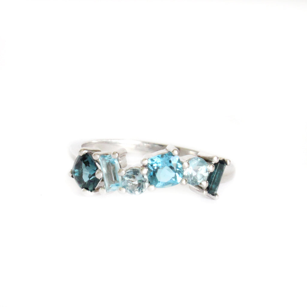 Multi Stone Blue Topaz, London Blue Topaz And Aquamarine White Gold Ring