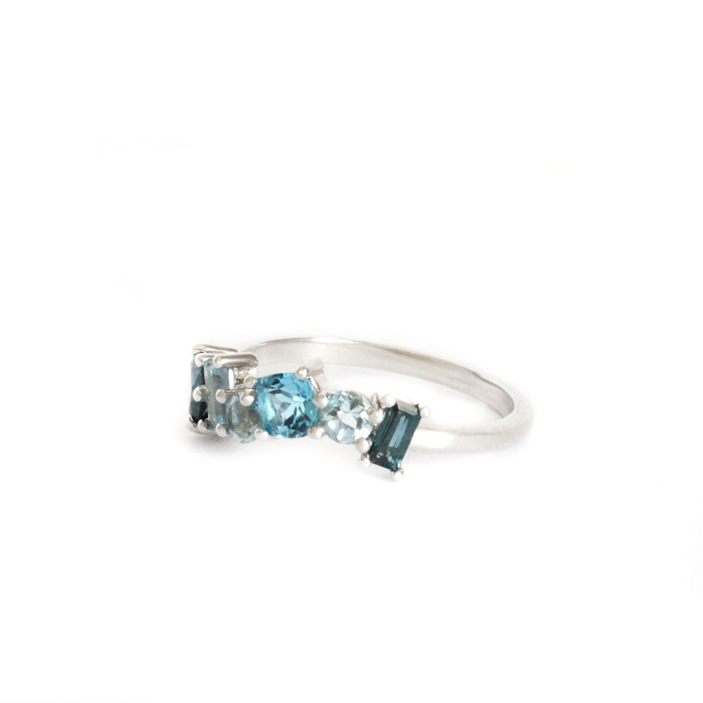 Multi Stone Blue Topaz, London Blue Topaz And Aquamarine White Gold Ring