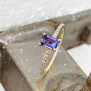 Emerald Cut Tanzanite and Diamond band ring