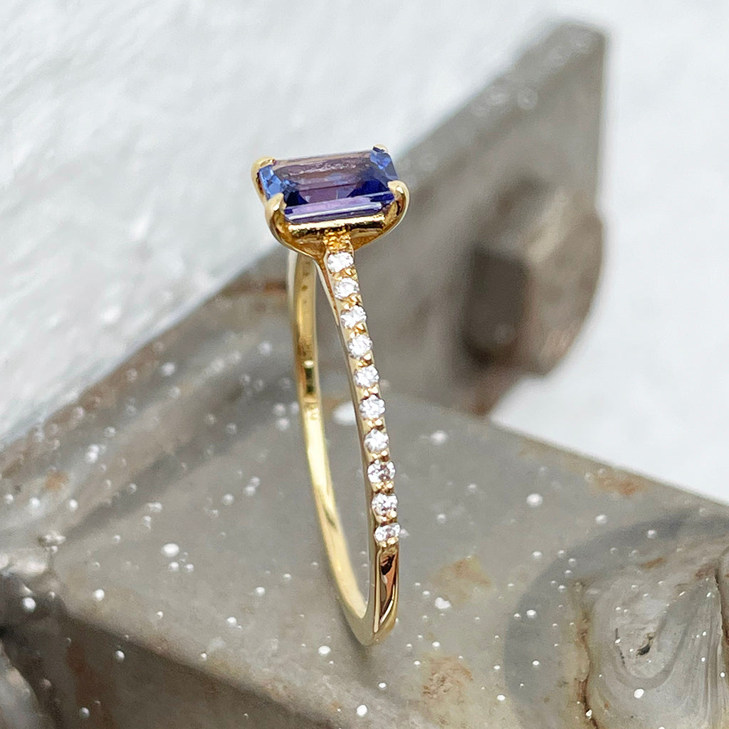 Emerald Cut Tanzanite and Diamond band ring