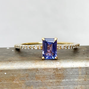 Emerald Cut Tanzanite and Diamond band ring