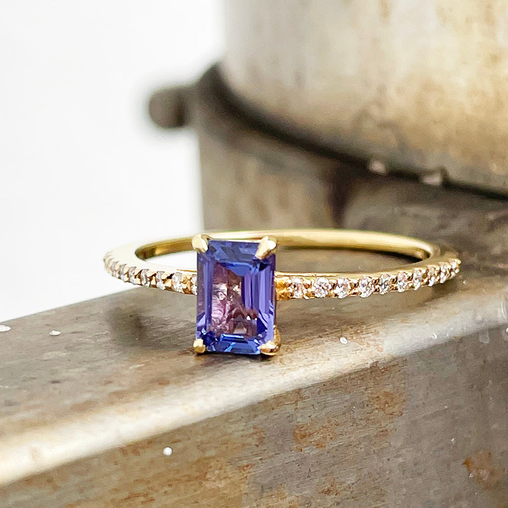 Emerald Cut Tanzanite and Diamond band ring