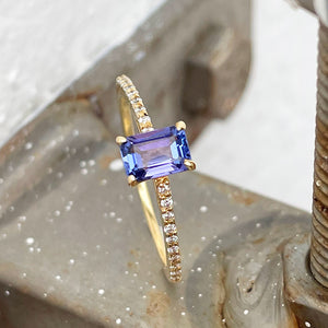 Emerald Cut Tanzanite and Diamond band ring