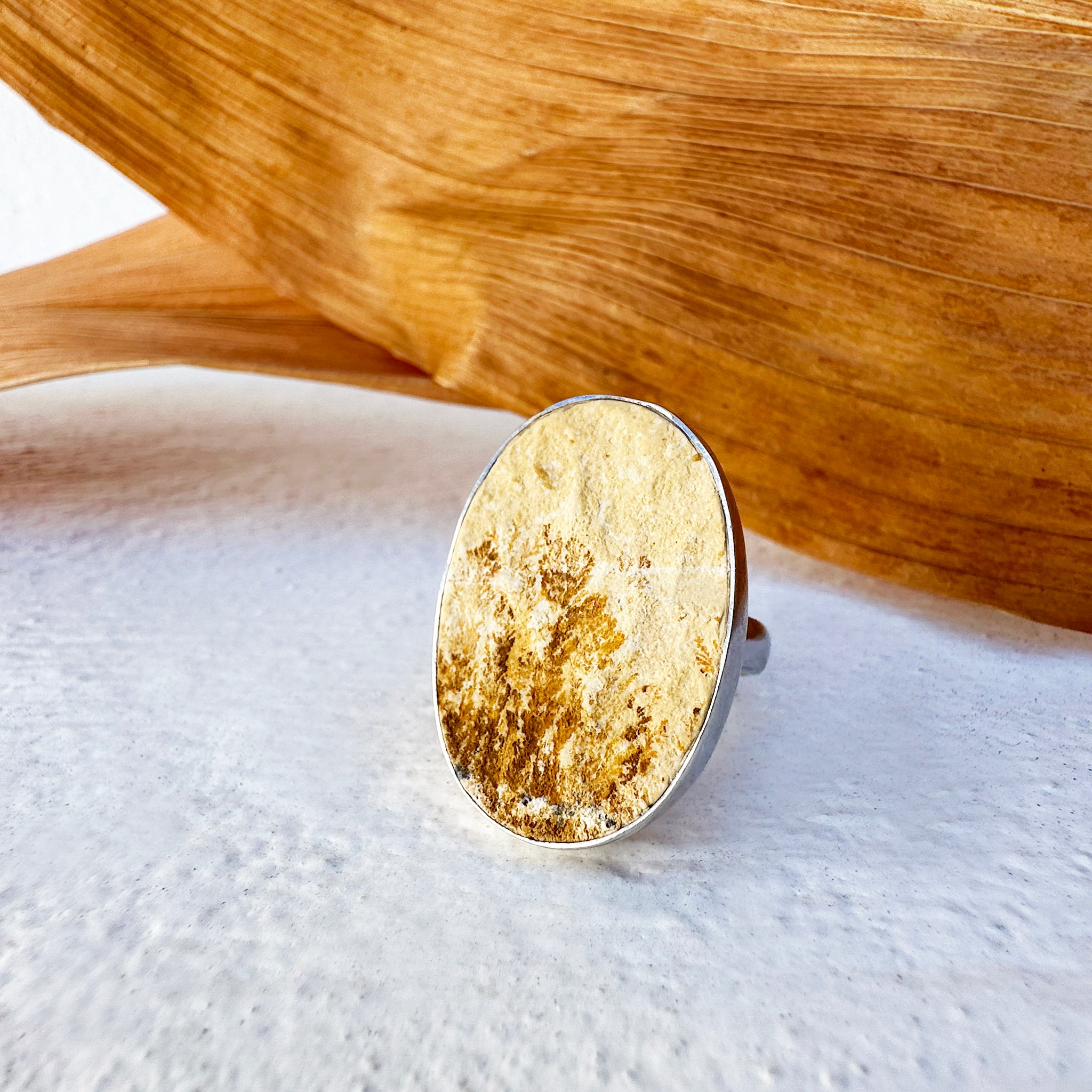 Natural Freeform Oval Leaf Jasper Silver Ring