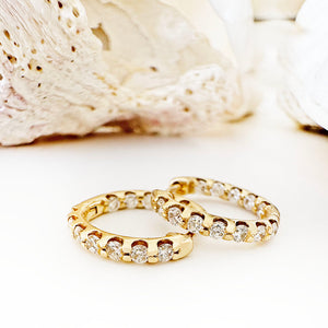 Petite Elegant Double White Diamond Yellow Gold Hoops