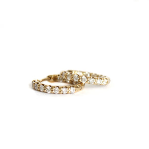 Petite Elegant Double White Diamond Yellow Gold Hoops