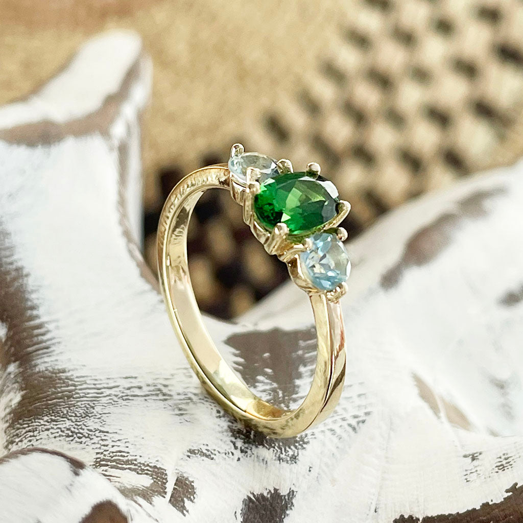 Playful Tsavorite and Aquamarine Yellow Gold Ring