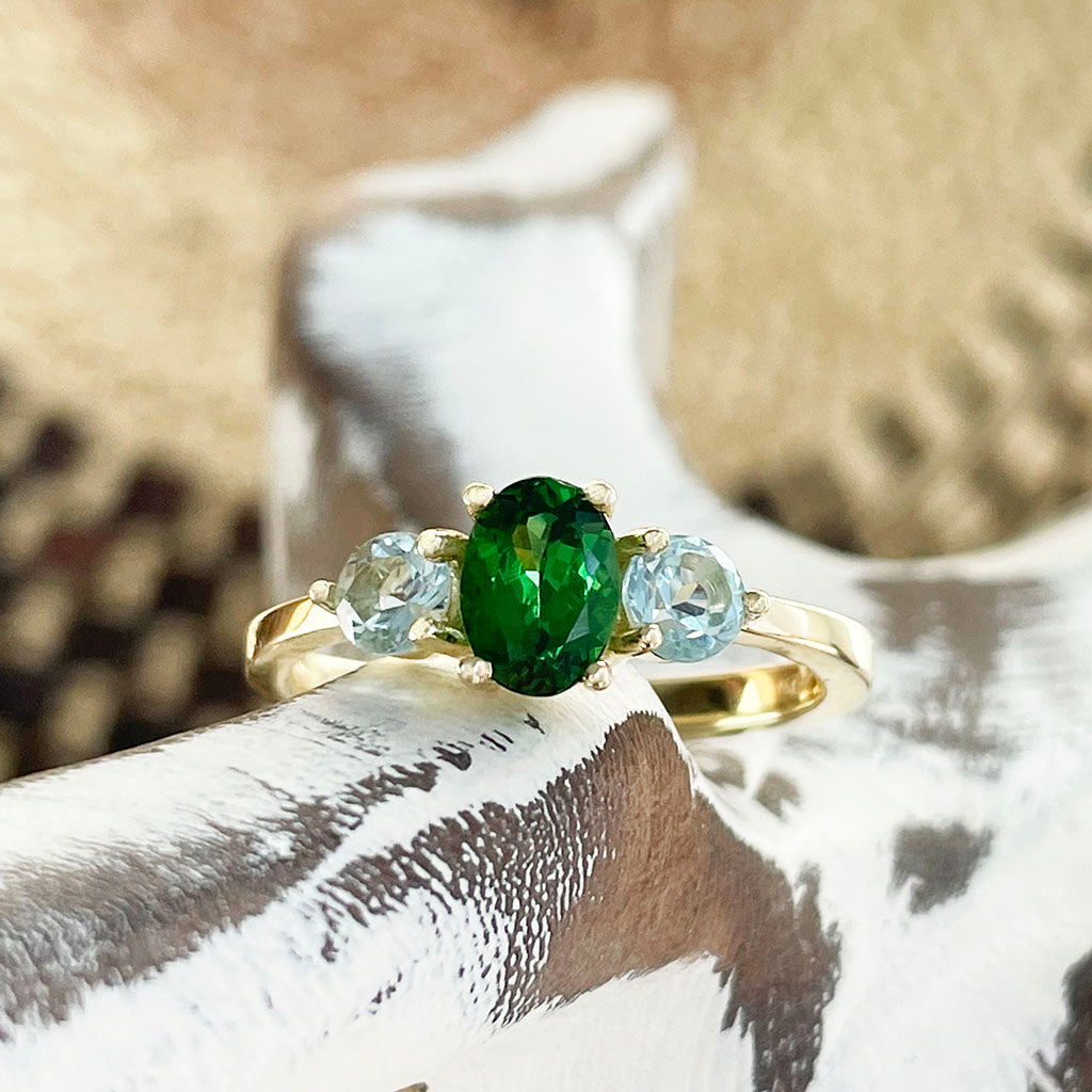 Playful Tsavorite and Aquamarine Yellow Gold Ring