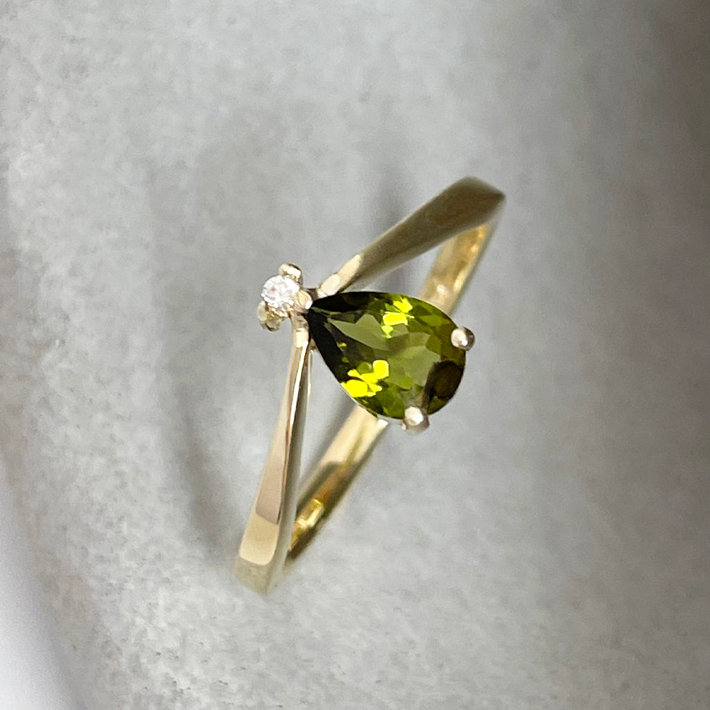 Princess Crown Vibes Green Pear Cut Tourmaline with Petite Diamond Accent Ring