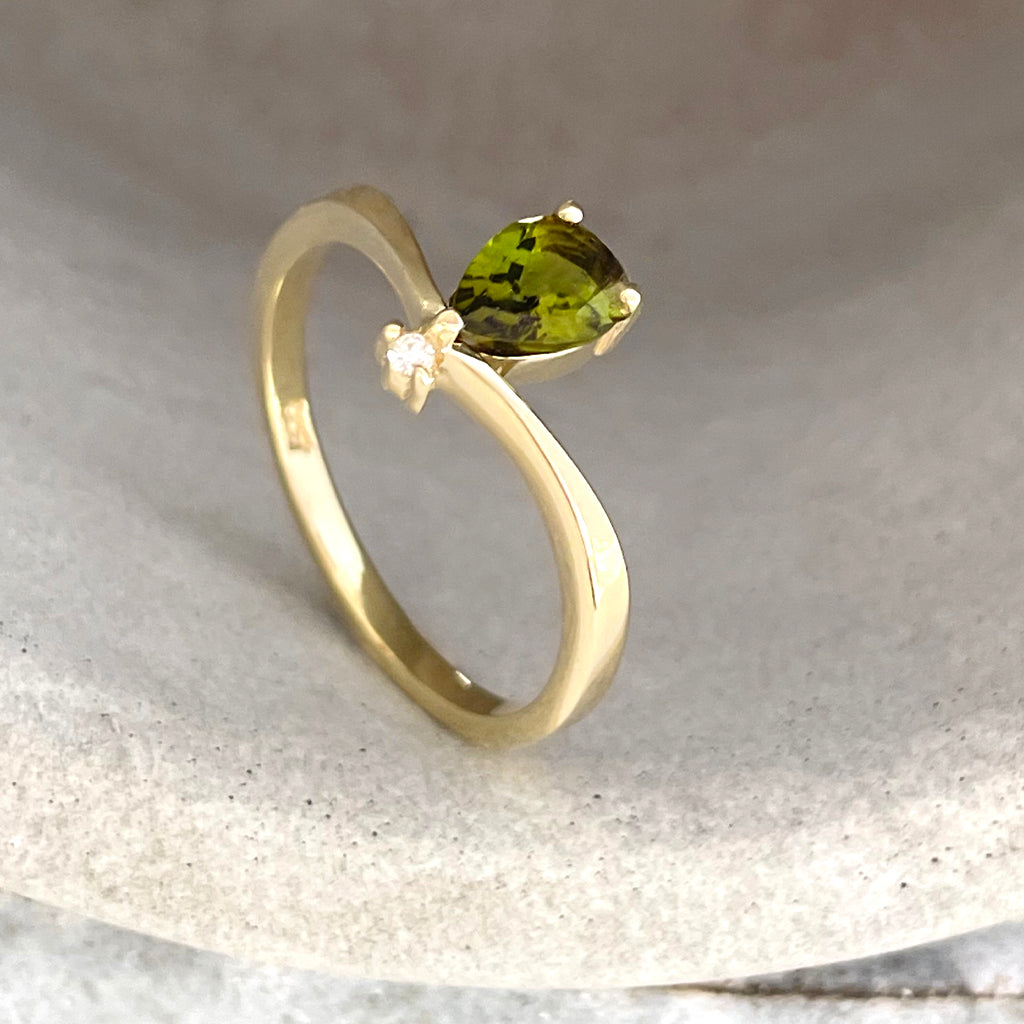 Princess Crown Vibes Green Pear Cut Tourmaline with Petite Diamond Accent Ring