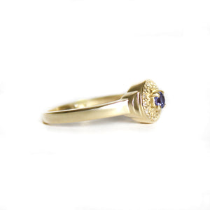 Regally Elevated Tanzanite Diamond Halo Yellow Gold Ring