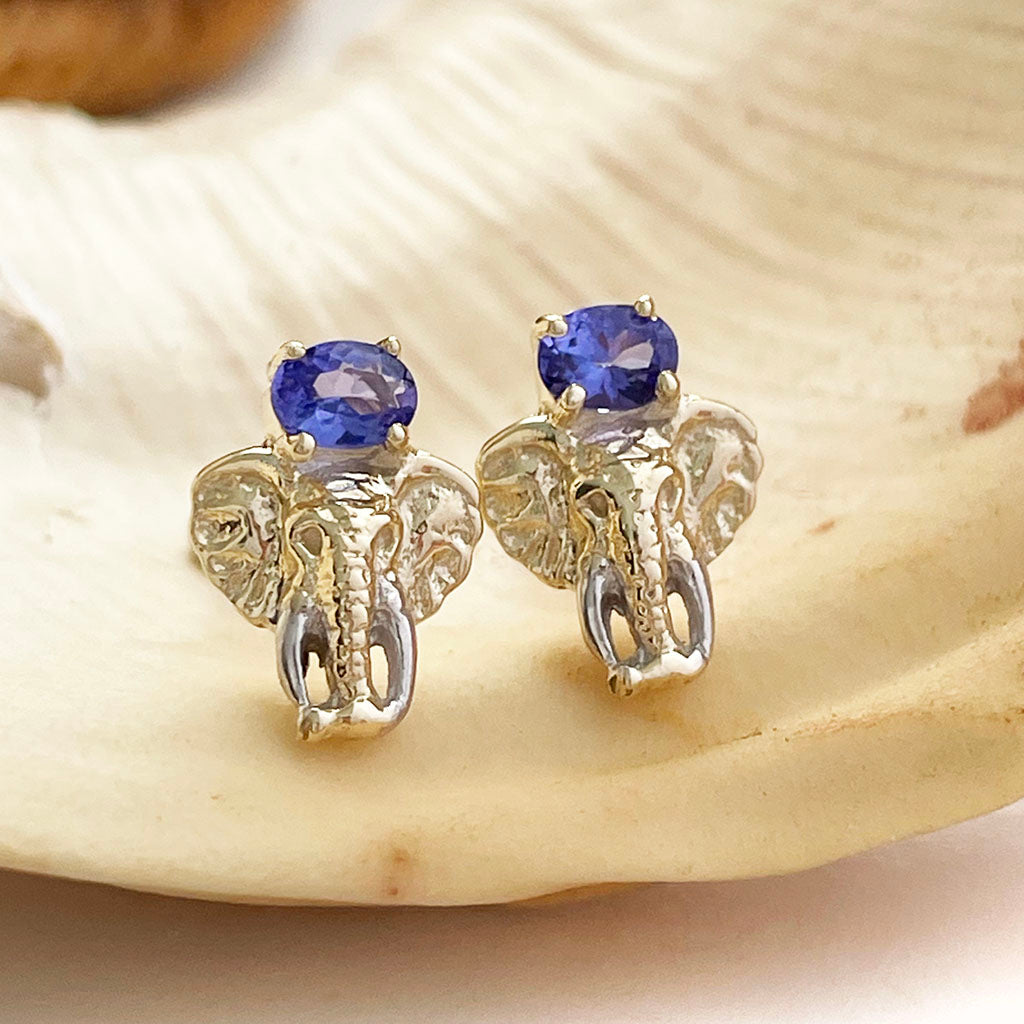 Yellow Gold Tanzanite Elephant Studs