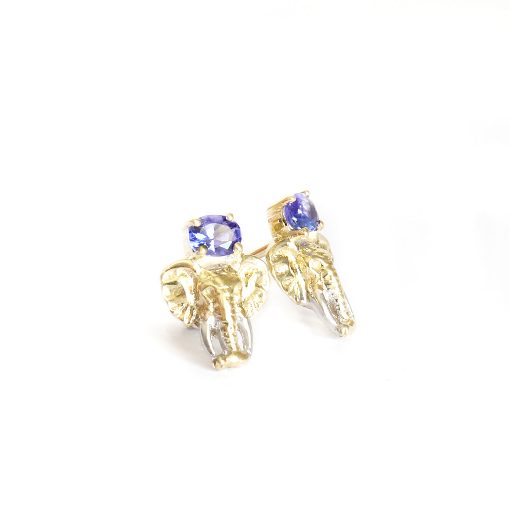 Relief Elephant Tanzanite Yellow Gold Studs