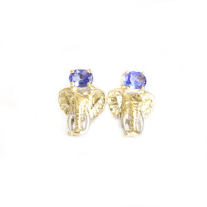 Relief Elephant Tanzanite Yellow Gold Studs