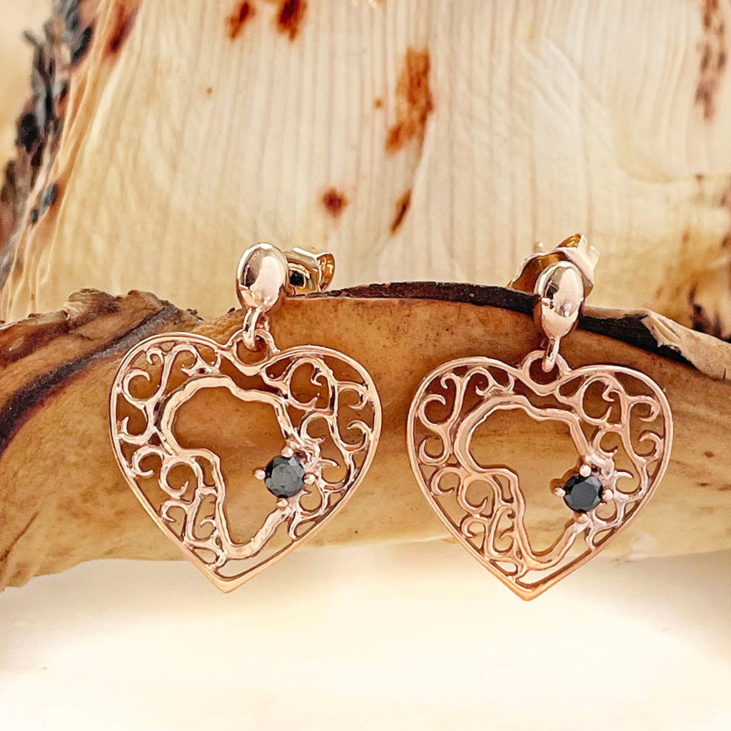 Black Diamond and Rose Gold Africa Heart Earrings