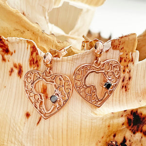 Black Diamond and Rose Gold Africa Heart Earrings