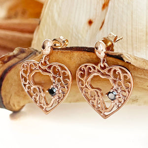 Black Diamond and Rose Gold Africa Heart Earrings