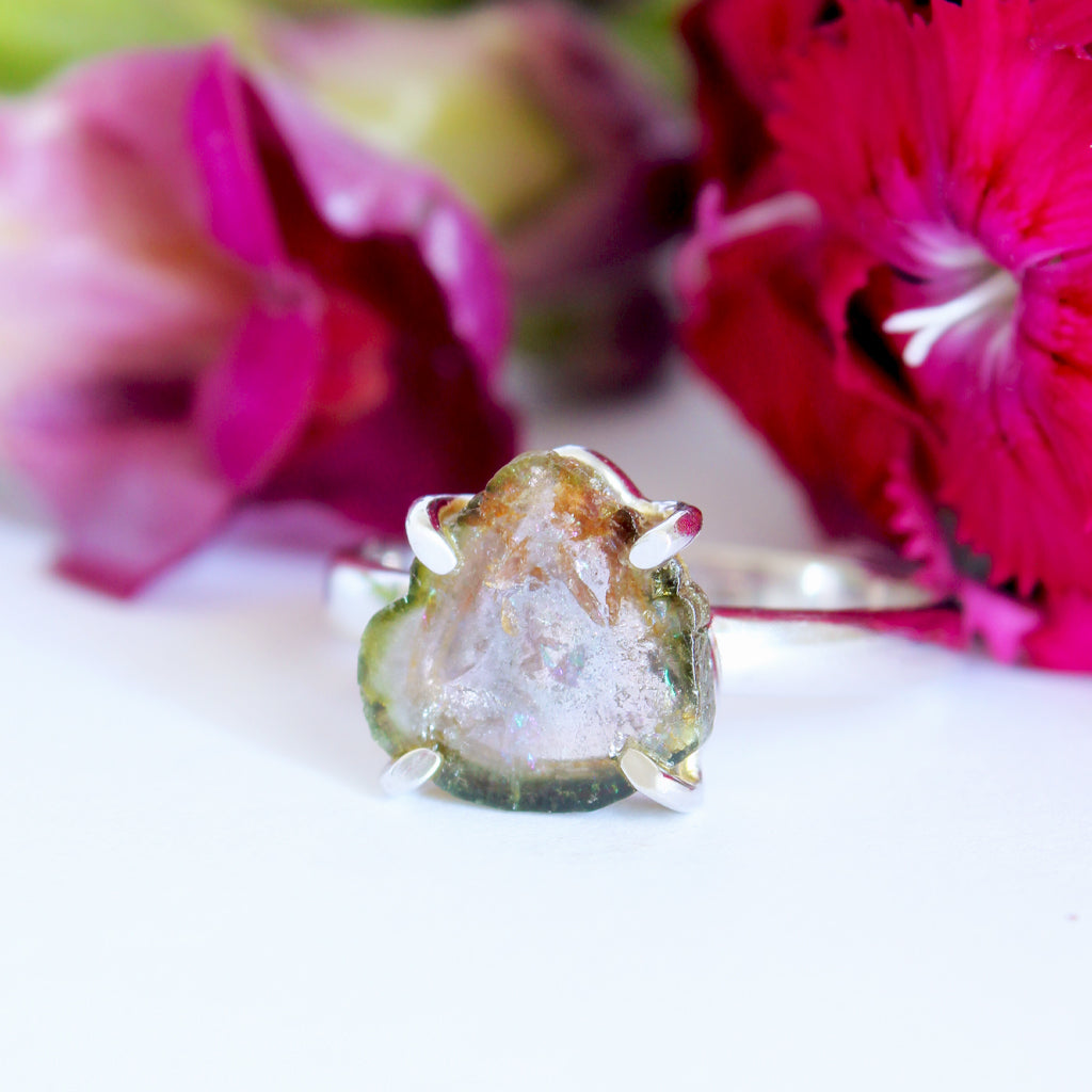 Rough Watermelon Green With Pink Center Tourmaline Silver Ring