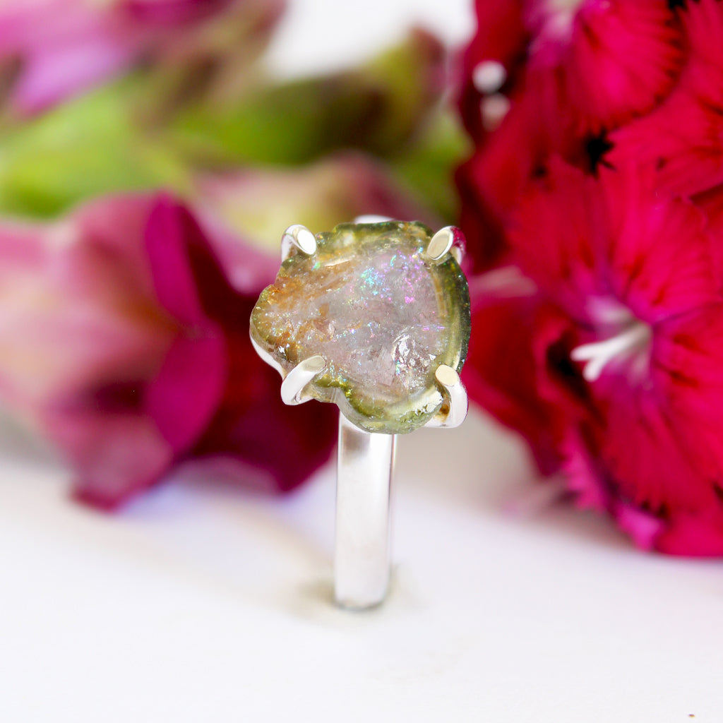 Rough Watermelon Green With Pink Center Tourmaline Silver Ring