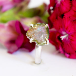 Rough Watermelon Green With Pink Center Tourmaline Silver Ring