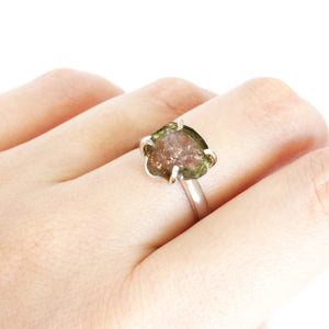 Rough Watermelon Green With Pink Center Tourmaline Silver Ring